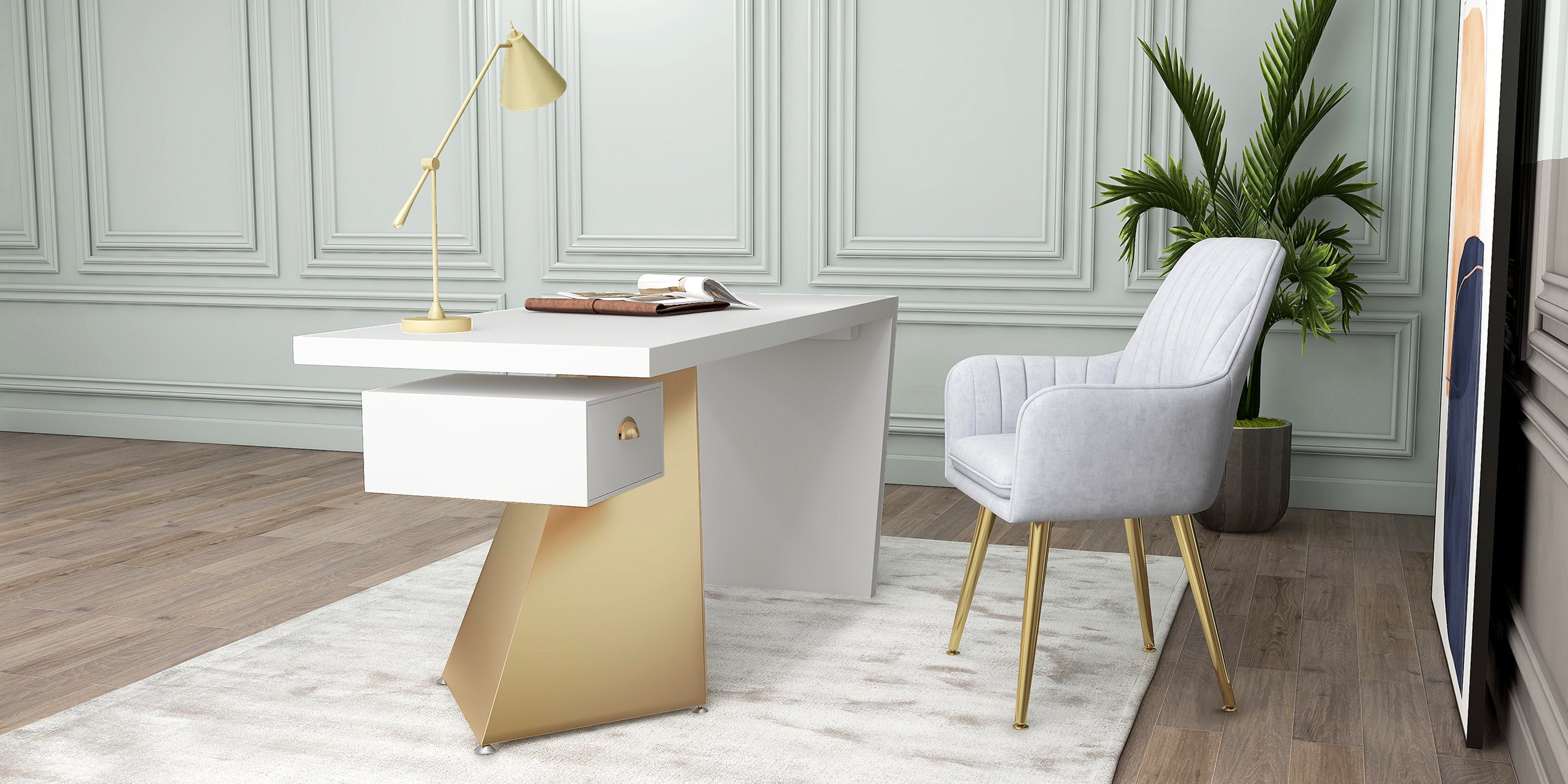 HMR Cabstract Series Modern 63" Office Desk with Drawer - White/Gold