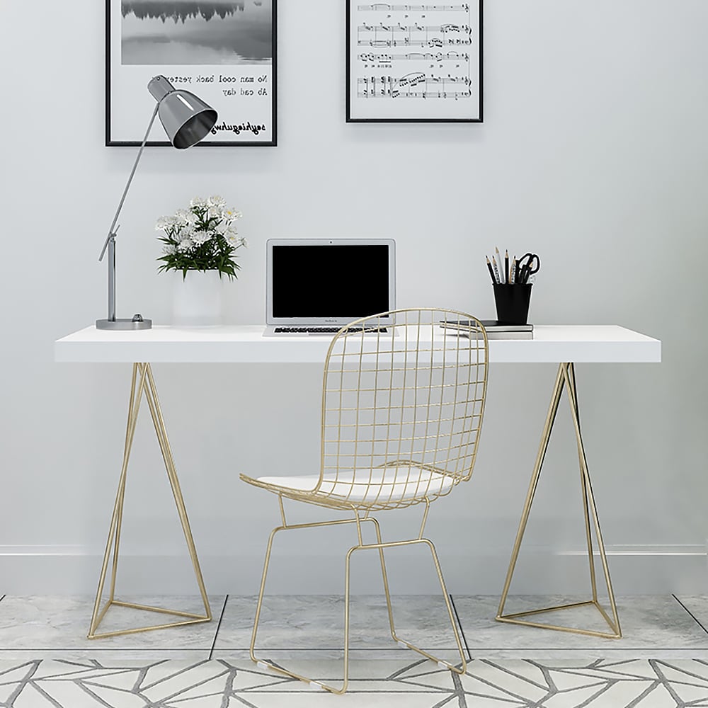 HMR - Writing Desk for Home Office with 2 Gold Pedestal in White, 55.1"L