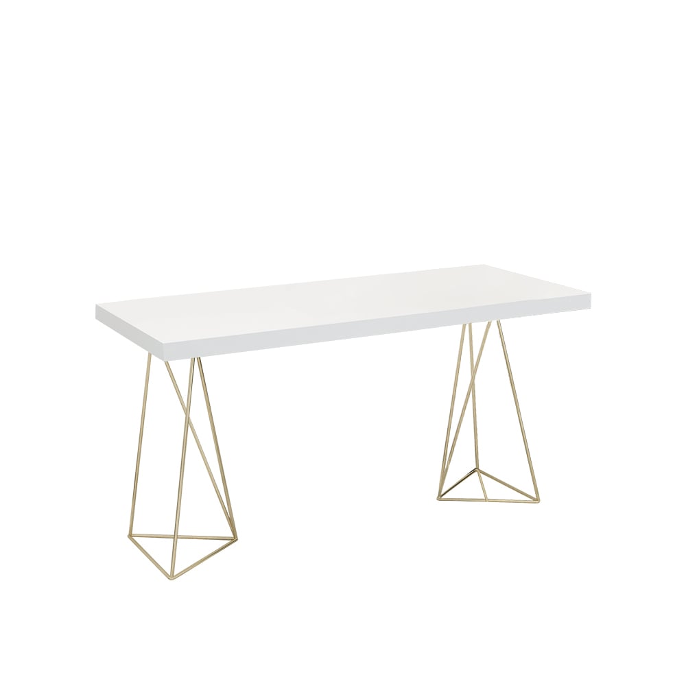HMR - Writing Desk for Home Office with 2 Gold Pedestal in White, 55.1"L