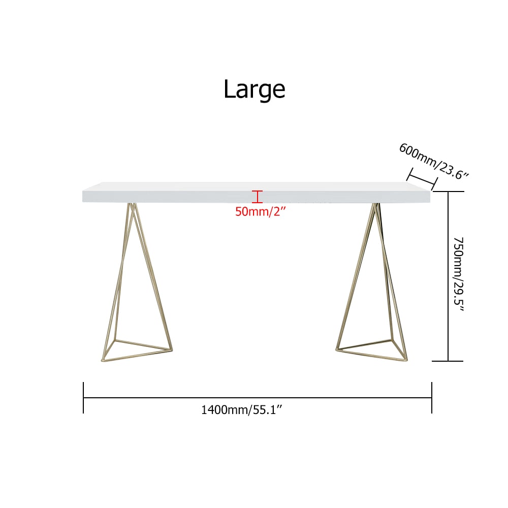HMR - Writing Desk for Home Office with 2 Gold Pedestal in White, 55.1"L