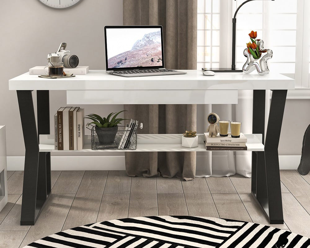 HMR 55" Computer Desk with Shelf & Drawer - White