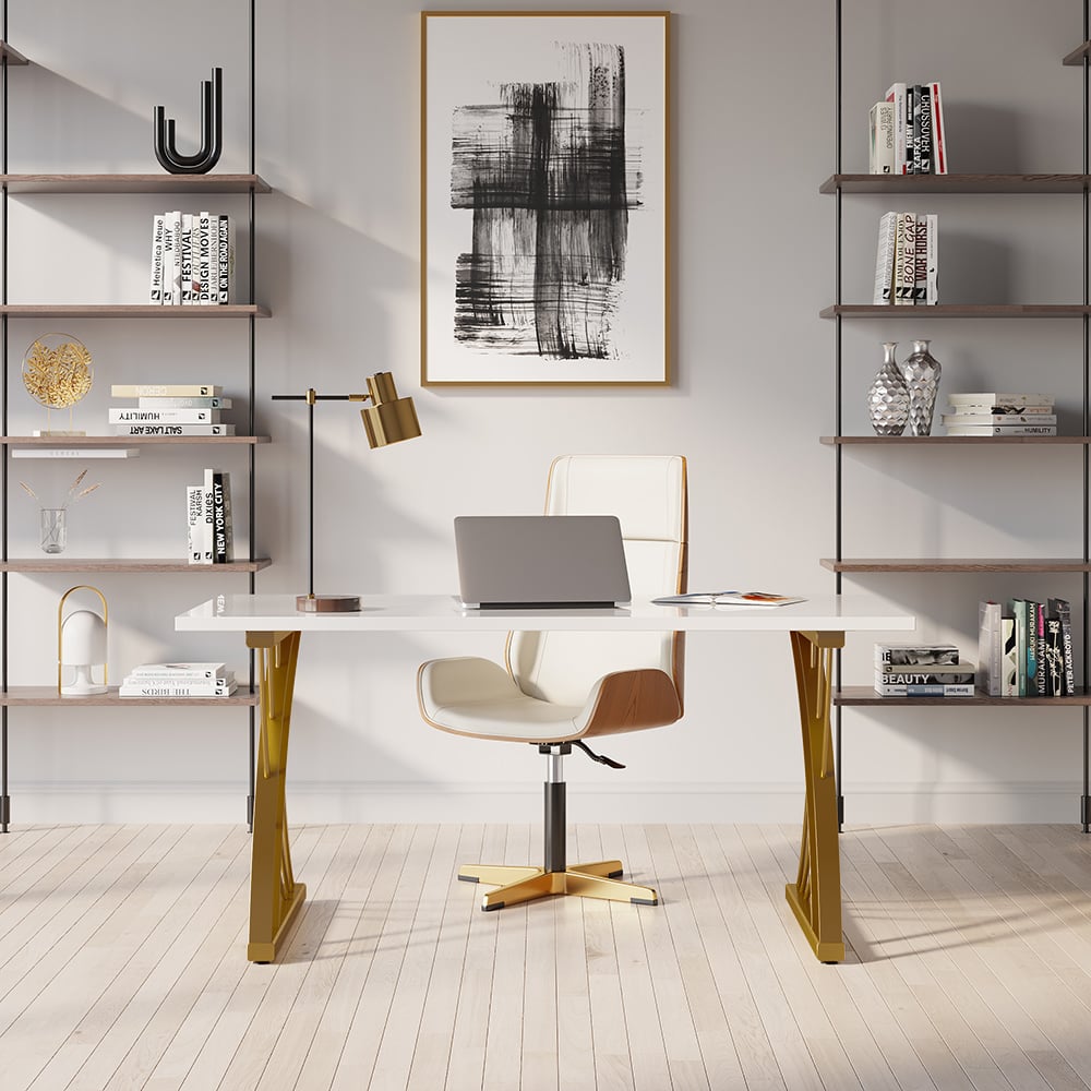 HMR - Computer Desk Rectangular with Gold Frame in White, 63"L x 27.6"W