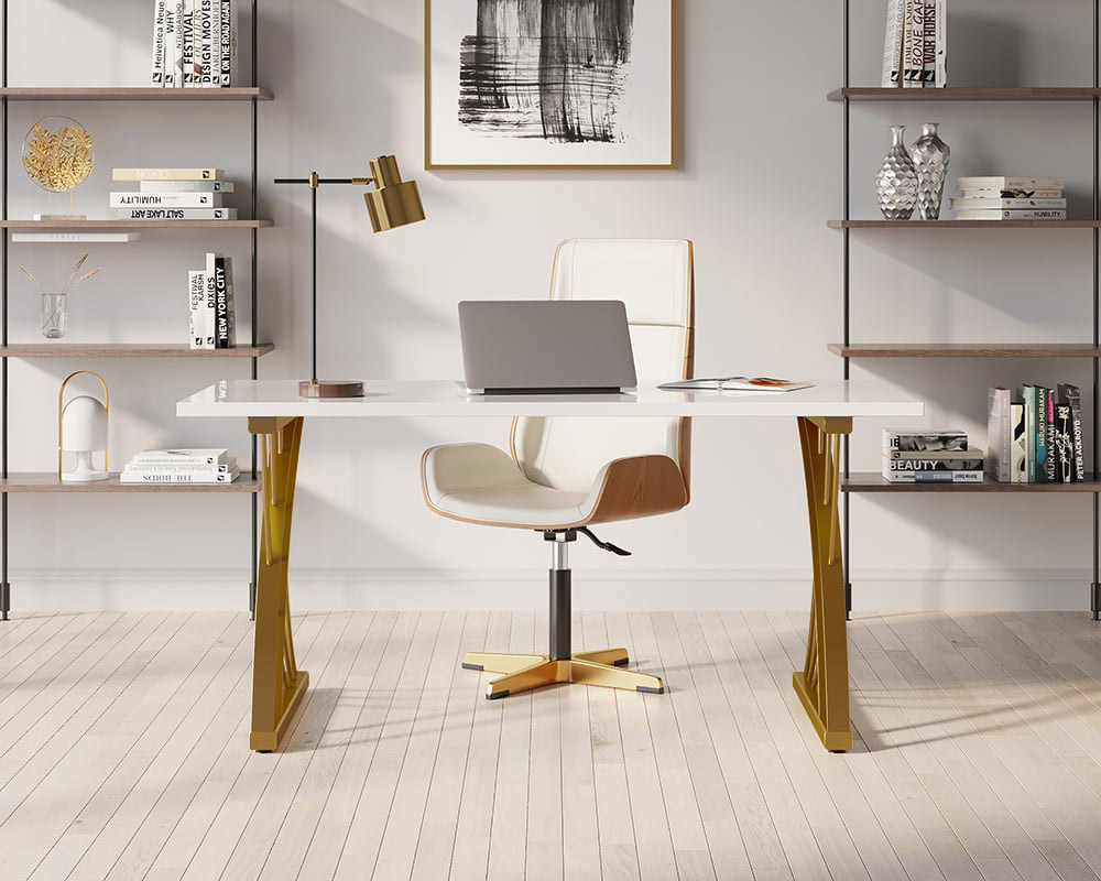 HMR - Computer Desk Rectangular with Gold Frame in White, 63"L x 27.6"W