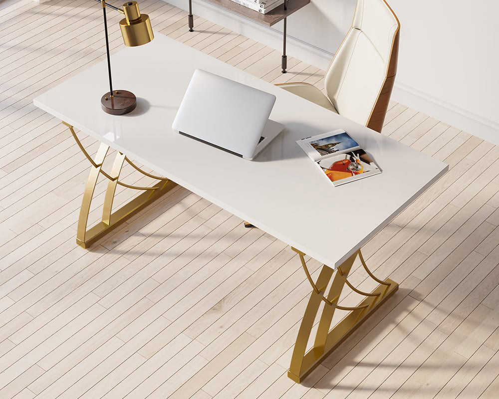 HMR - Computer Desk Rectangular with Gold Frame in White, 63"L x 27.6"W