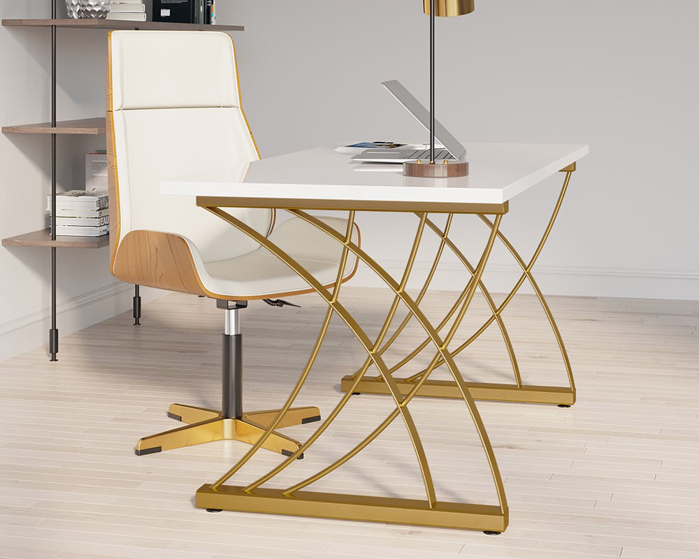 HMR - Computer Desk Rectangular with Gold Frame in White, 63"L x 27.6"W