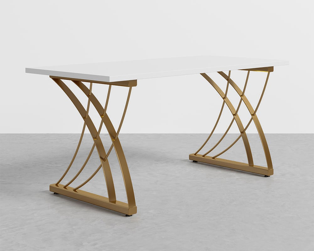 HMR - Computer Desk Rectangular with Gold Frame in White, 63"L x 27.6"W
