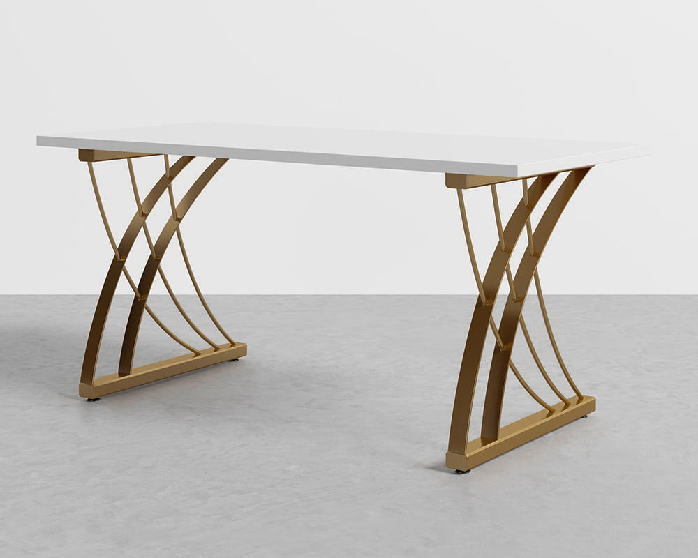 HMR - Computer Desk Rectangular with Gold Frame in White, 63"L x 27.6"W