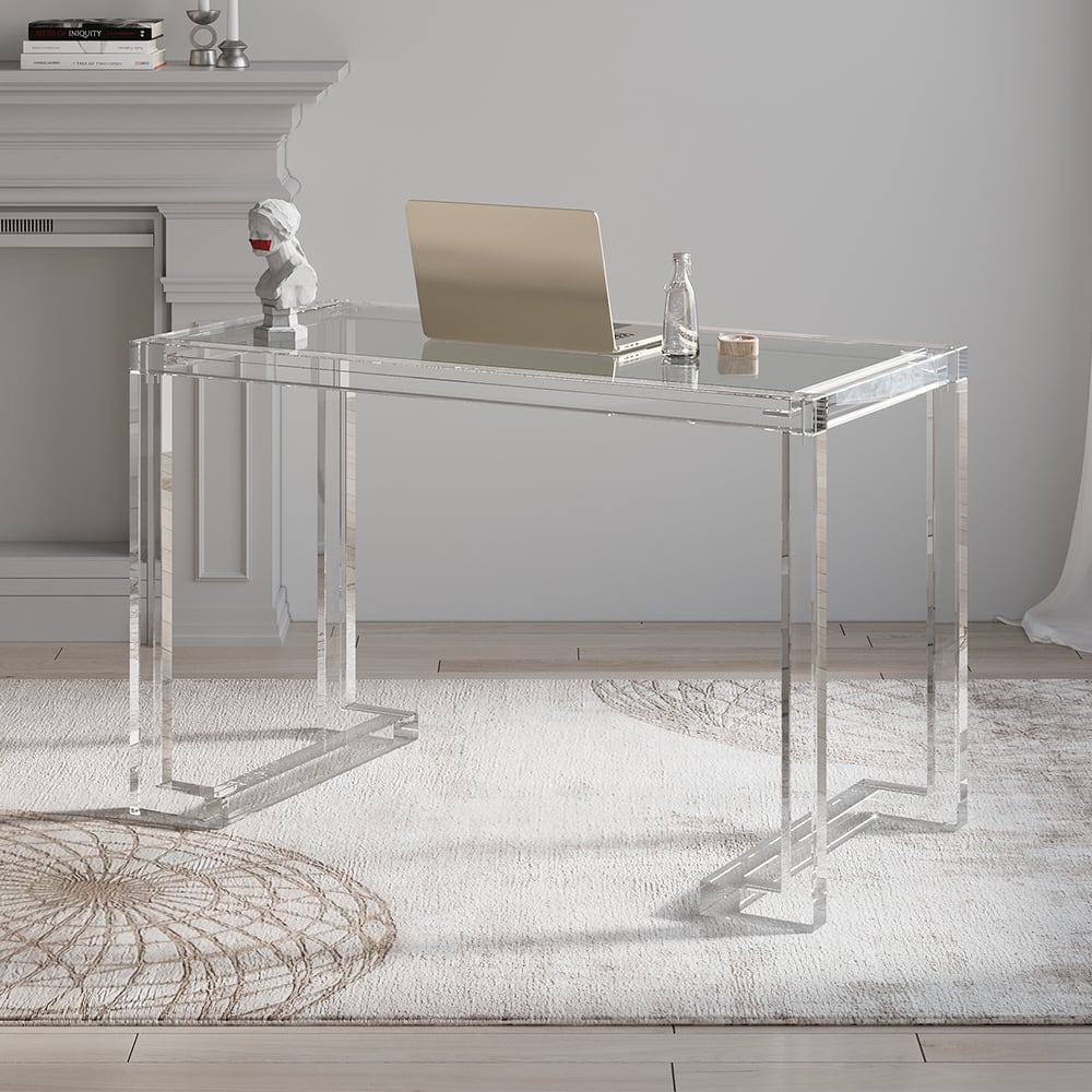 HMR Savea Series Modern 47" Rectangular Office Writing Desk - Clear, Tempered Glass