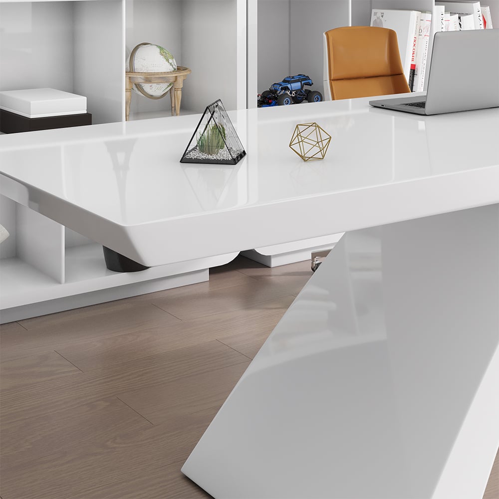 HMR Modern Computer Desk Rectangular Office Desk with Pedestal Base - White, 55"