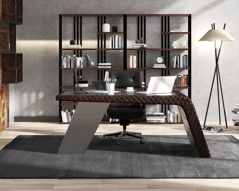 HMR - Aviator Desk with Storage in 76"L, Aluminum and Leather