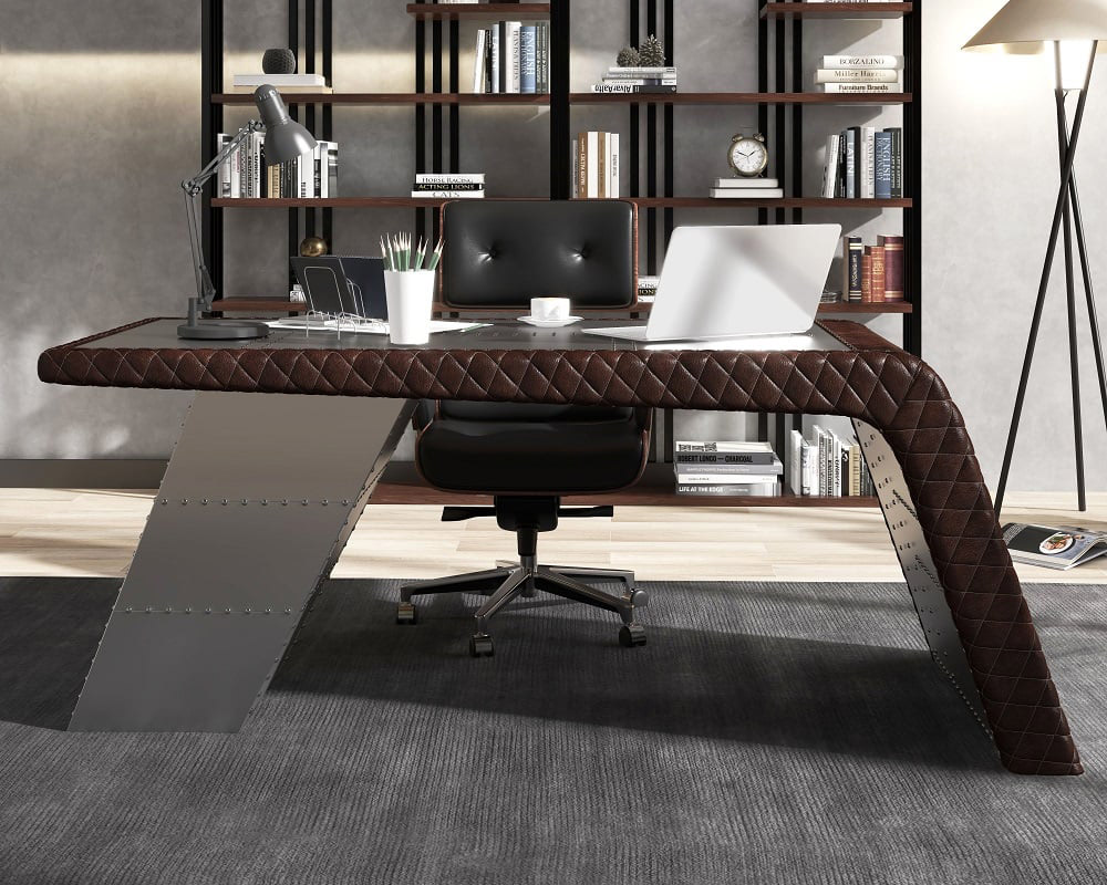 HMR - Aviator Desk with Storage in 76"L, Aluminum and Leather
