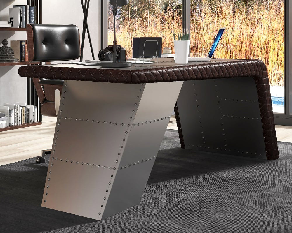 HMR - Aviator Desk with Storage in 76"L, Aluminum and Leather