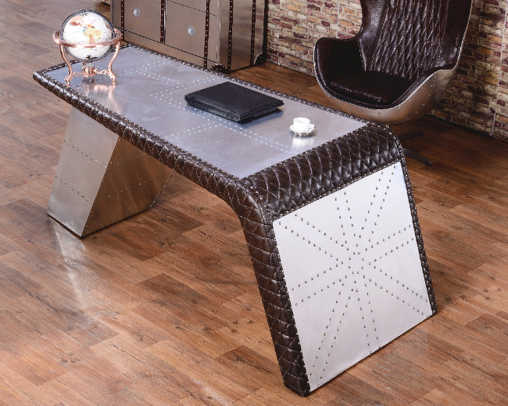HMR - Aviator Desk with Storage in 76"L, Aluminum and Leather