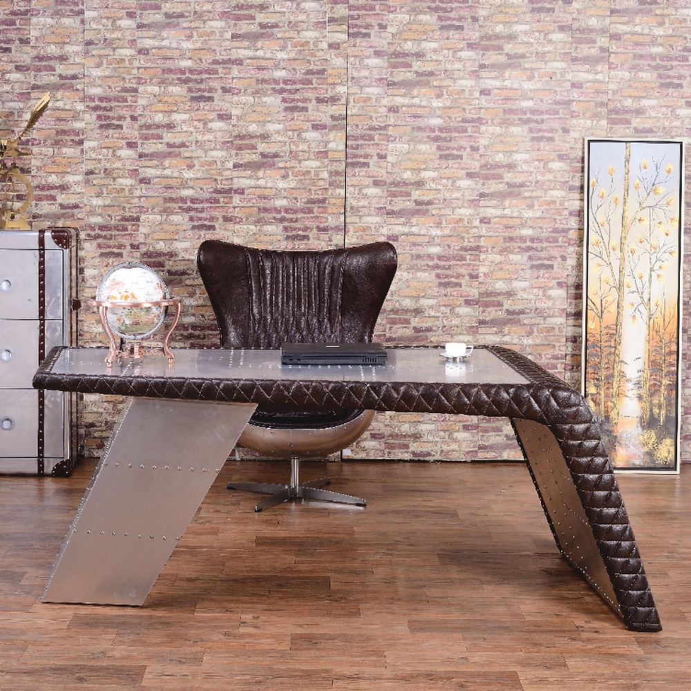 HMR - Aviator Desk with Storage in 76"L, Aluminum and Leather