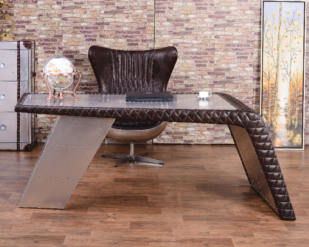 HMR - Aviator Desk with Storage in 76"L, Aluminum and Leather