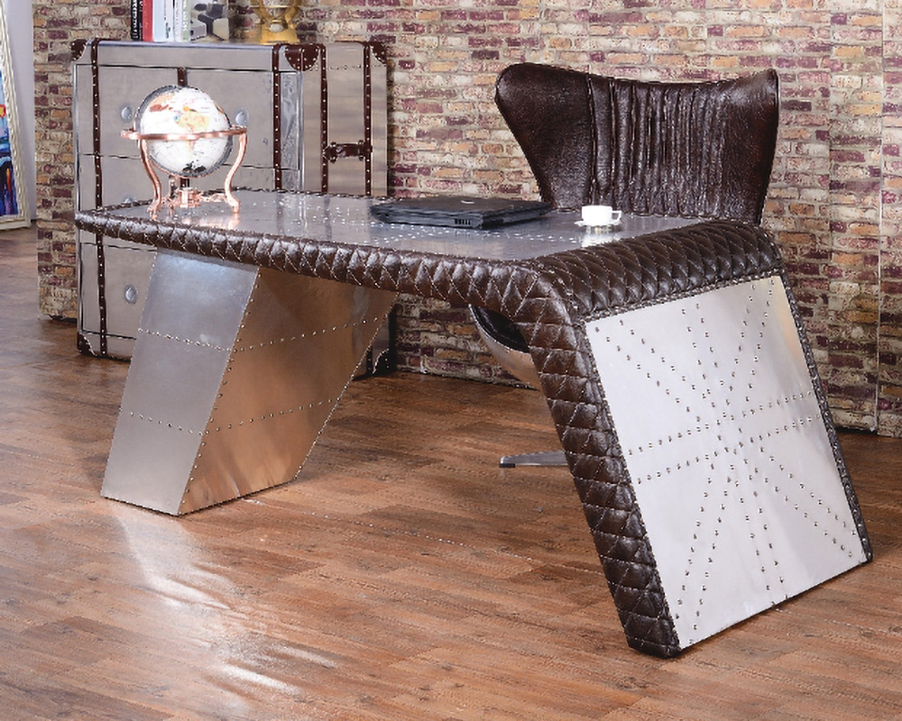 HMR - Aviator Desk with Storage in 76"L, Aluminum and Leather