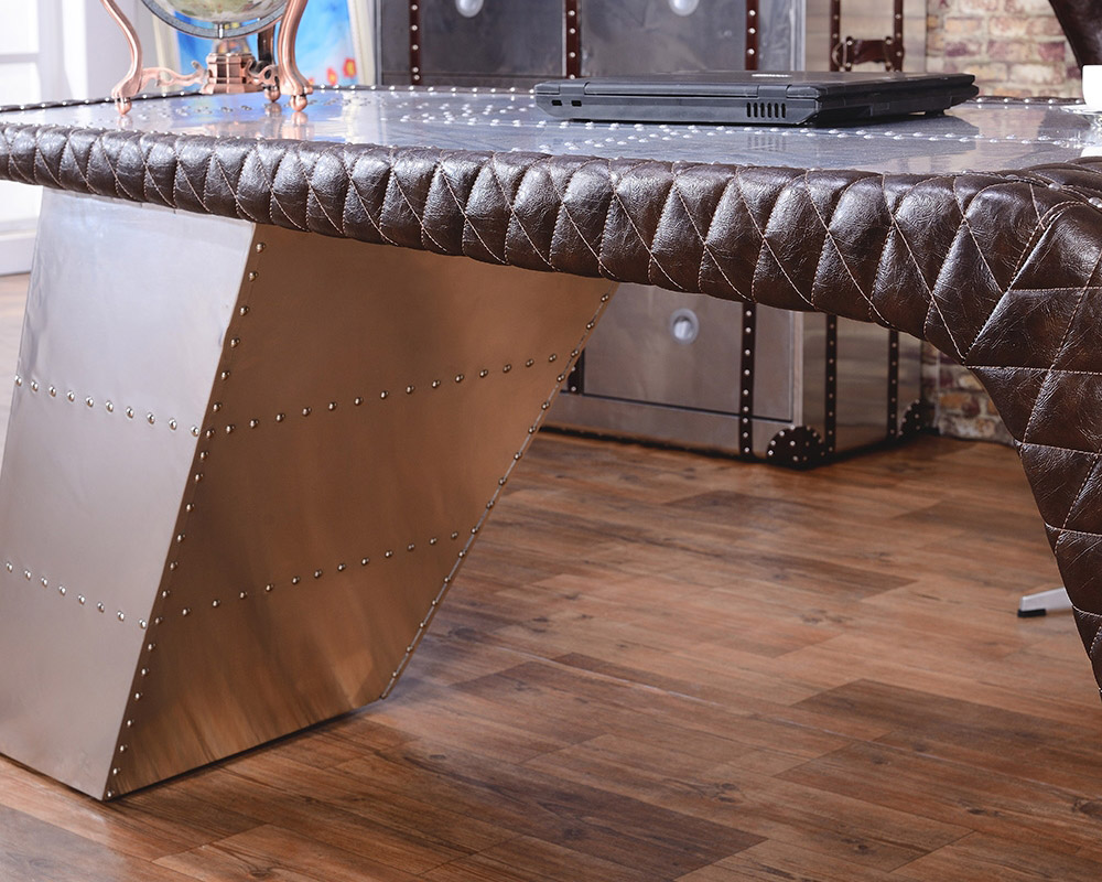 HMR - Aviator Desk with Storage in 76"L, Aluminum and Leather
