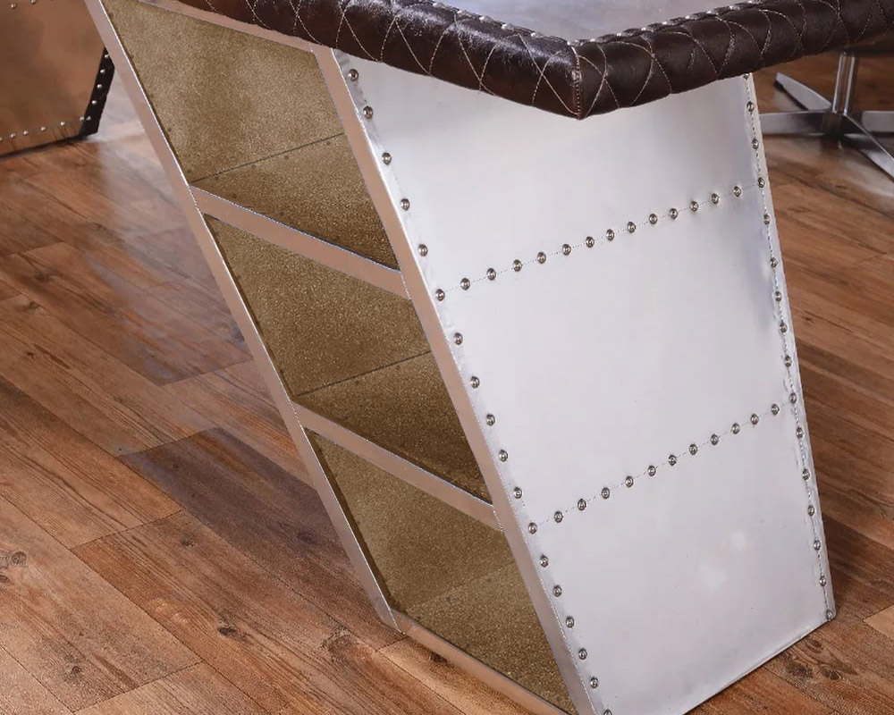 HMR - Aviator Desk with Storage in 76"L, Aluminum and Leather