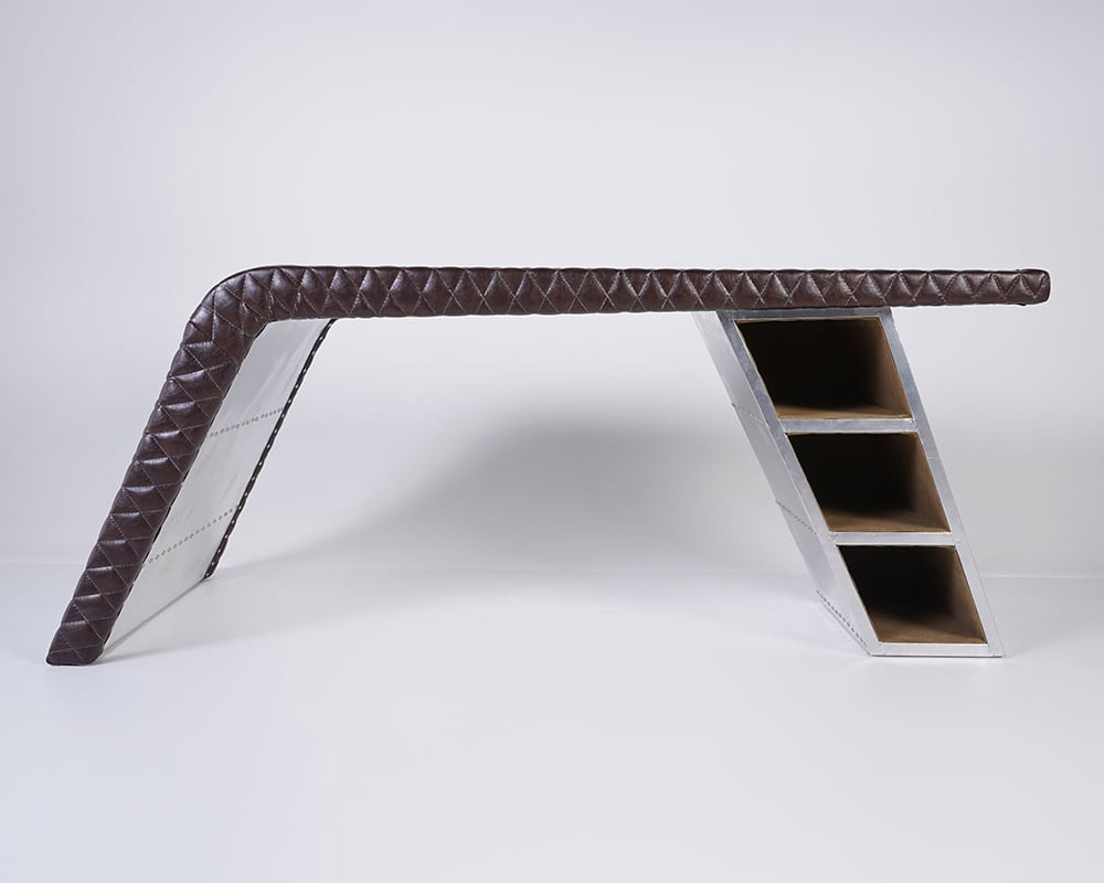 HMR - Aviator Desk with Storage in 76"L, Aluminum and Leather