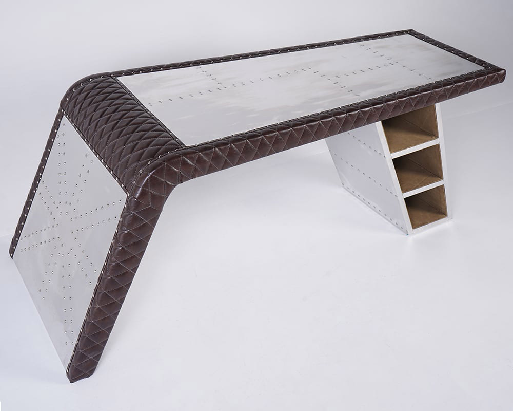 HMR - Aviator Desk with Storage in 76"L, Aluminum and Leather