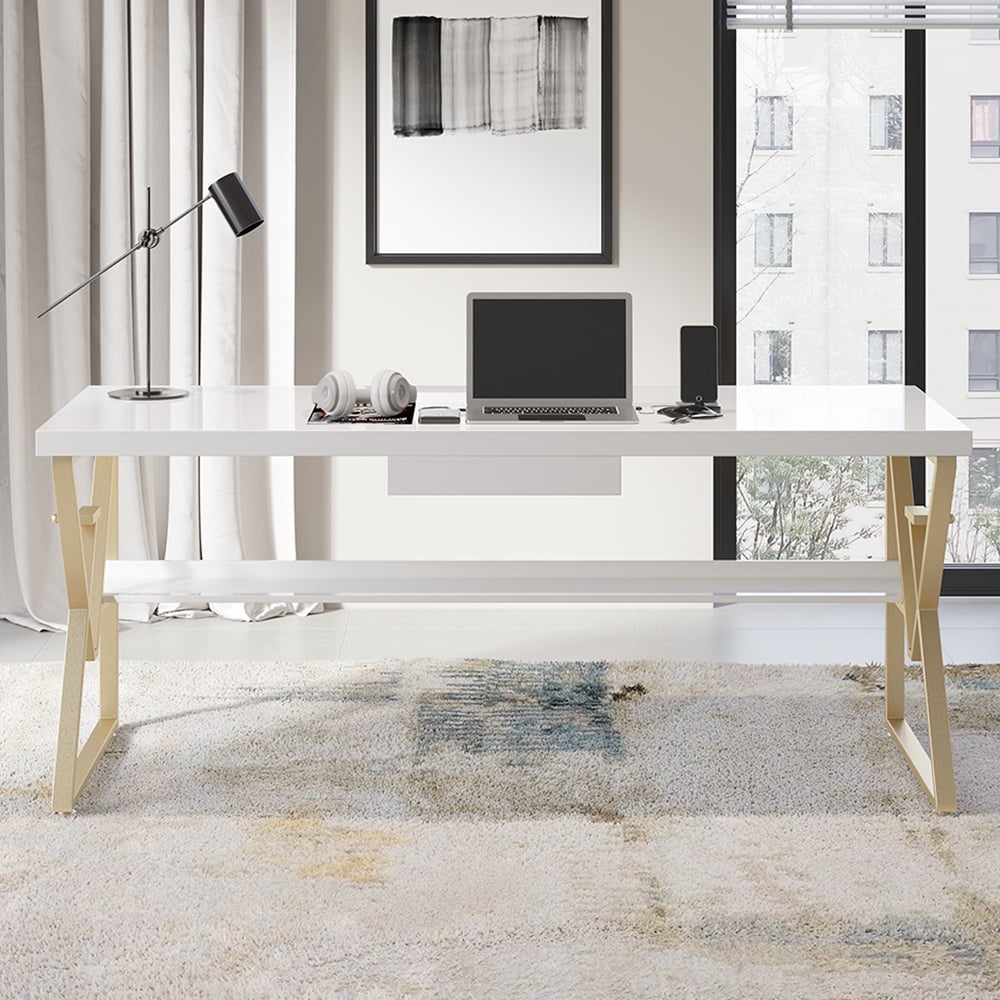 HMR Modern 47" Writing Desk with Drawer & Shelf - White