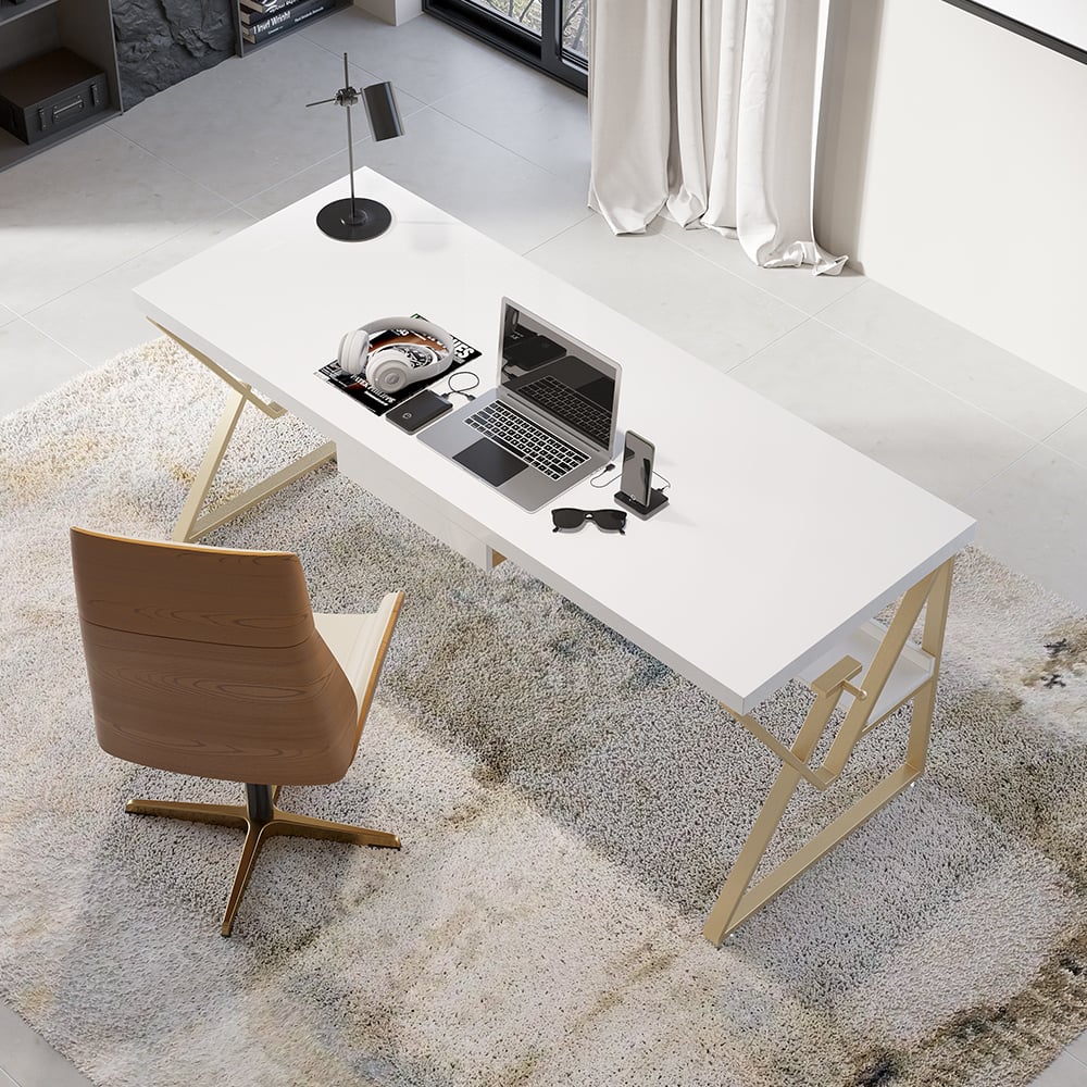 HMR Modern 47" Writing Desk with Drawer & Shelf - White