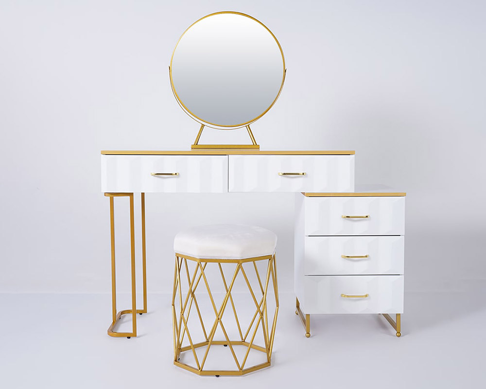 HMR - 5-Drawer Vanity Table Set with Stool and Mirror in White