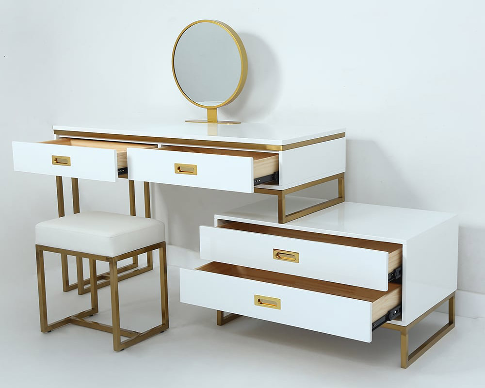 HMR - Expandable Dressing Table with Cabinet, Mirror and Stool Included in White