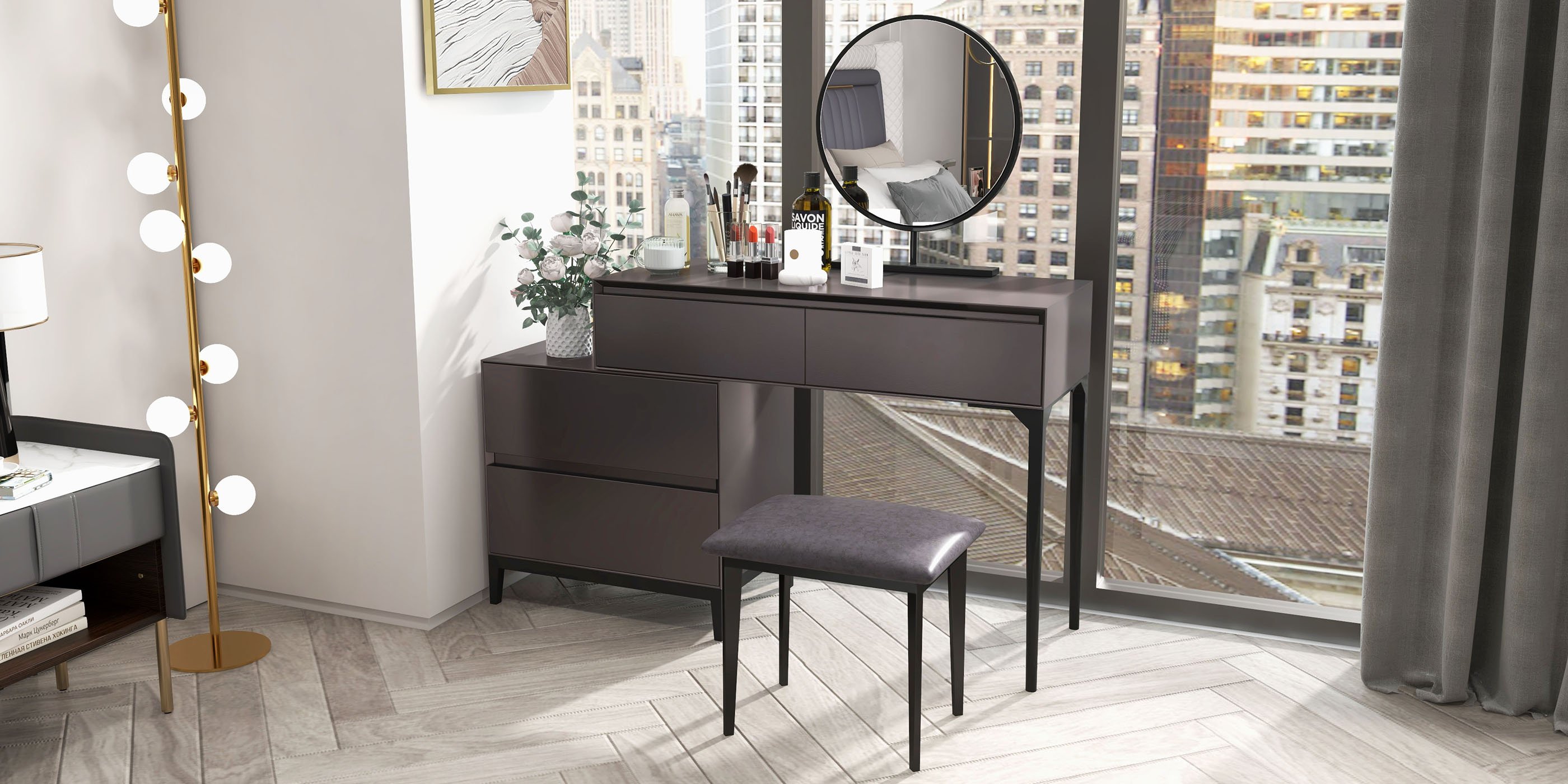 HMR - Makeup Vanity Set with Side Cabinet and Mirror in Gray