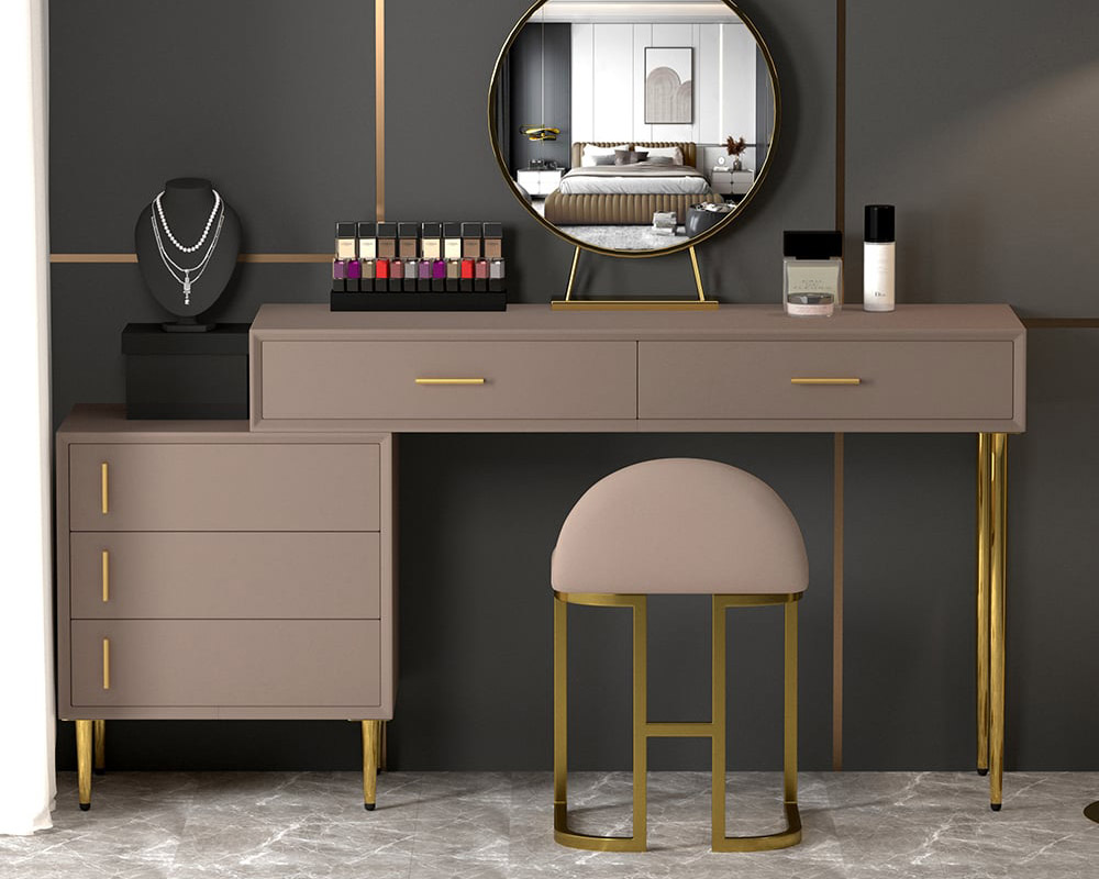 HMR - Modern Makeup Vanity Set Retracted Dressing Table Cabinet & Stool & Mirror Included