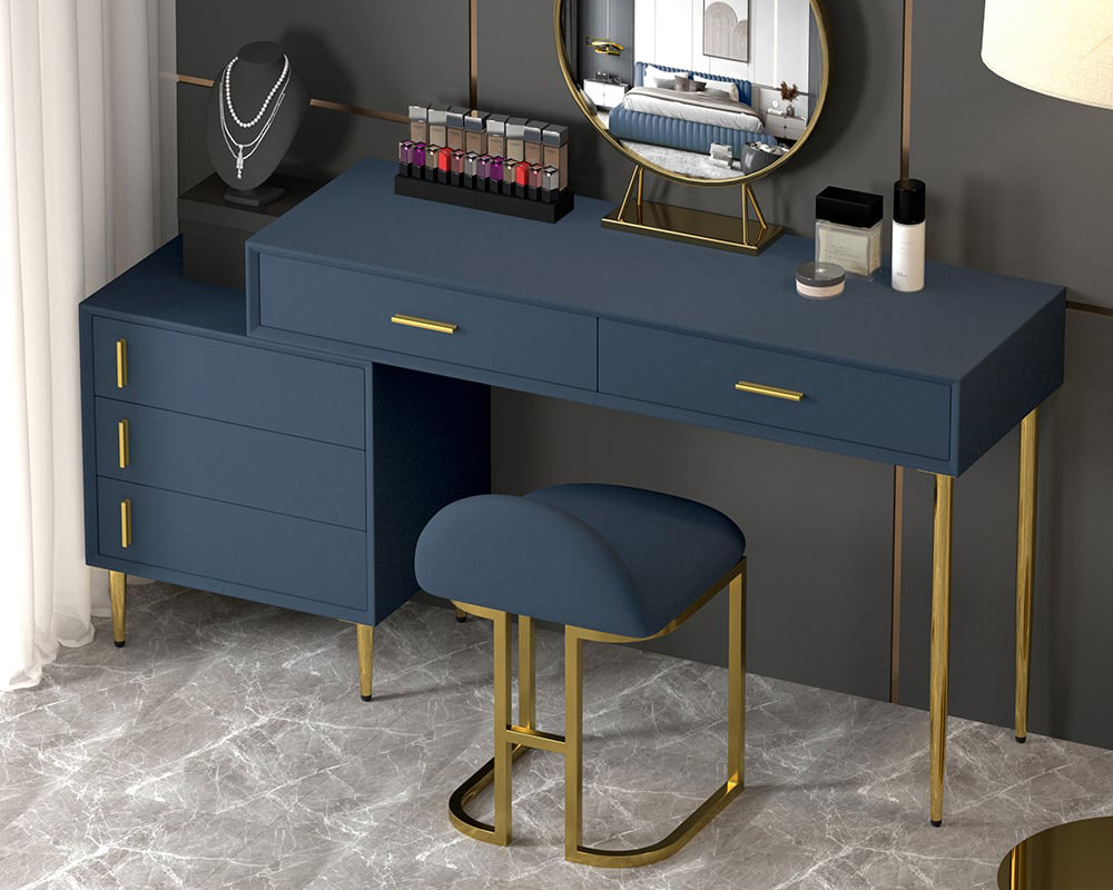 HMR Modern Makeup Vanity Set Retracted Dressing Table Cabinet & Stool & Mirror Included - Blue