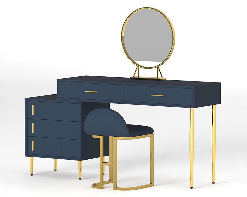 HMR Modern Makeup Vanity Set Retracted Dressing Table Cabinet & Stool & Mirror Included - Blue