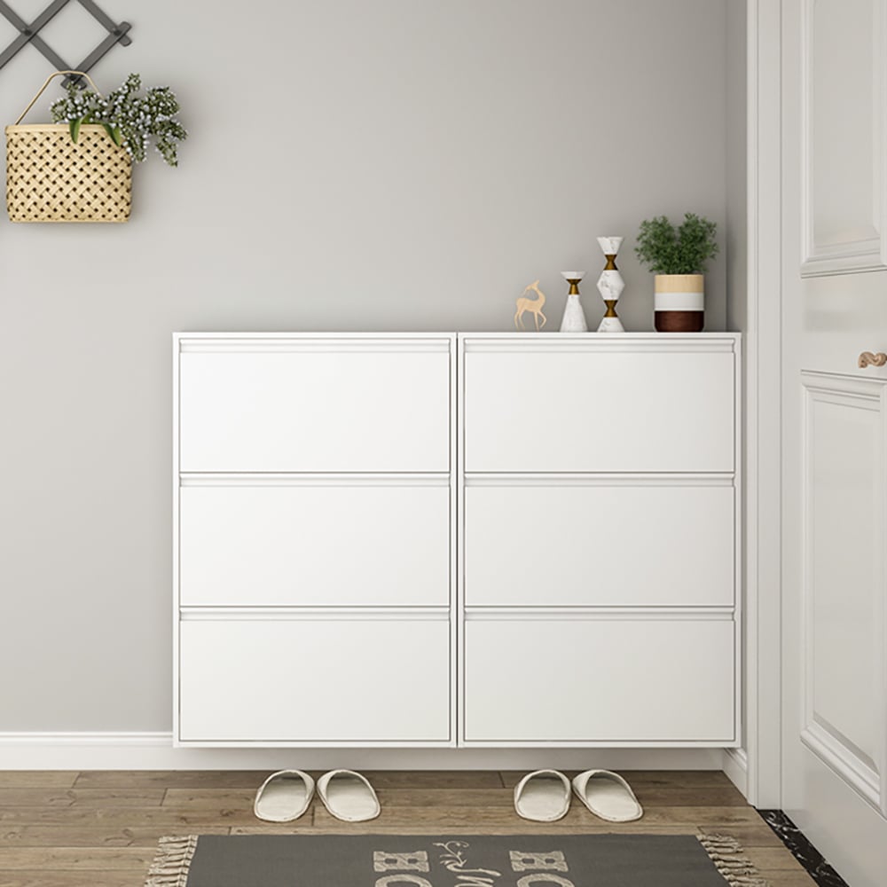 HMR - Narrow Wall Mounted Shoe Storage Cabinet in Medium in White, 25.7"W