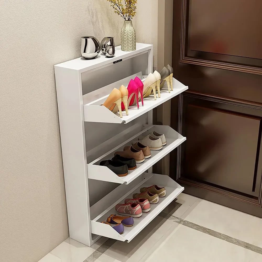 HMR - Narrow Wall Mounted Shoe Storage Cabinet in Medium in White, 25.7"W