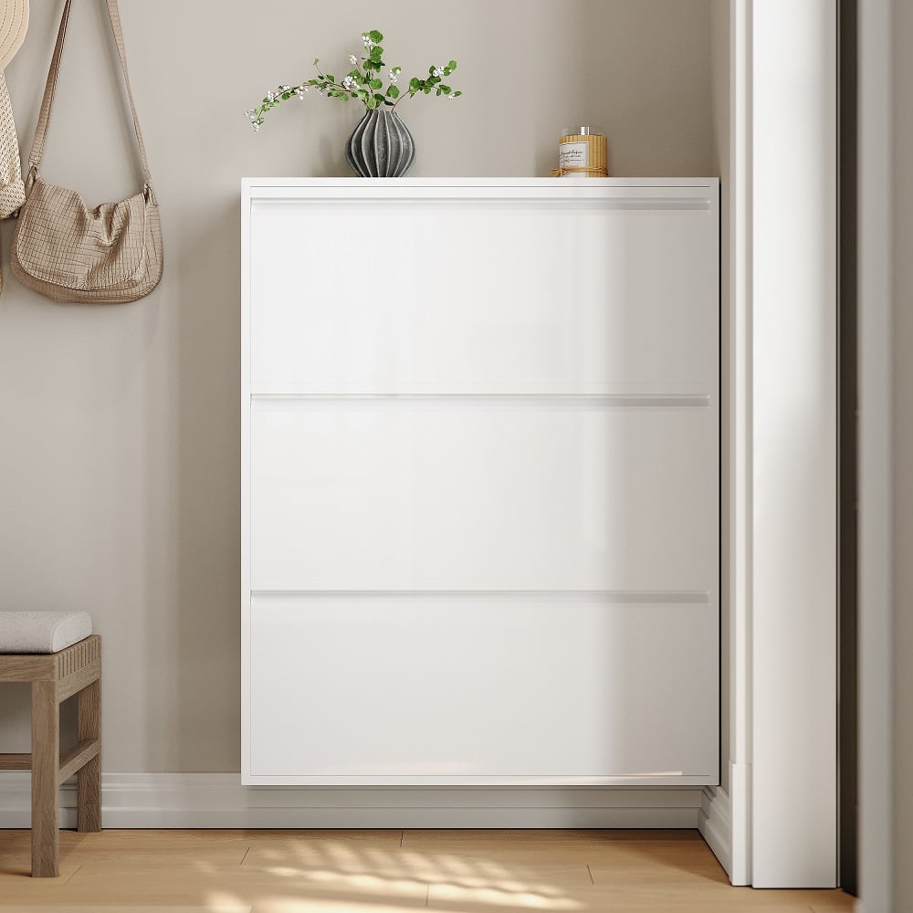 HMR - Narrow Wall Mounted Shoe Storage Cabinet in Medium in White, 25.7"W