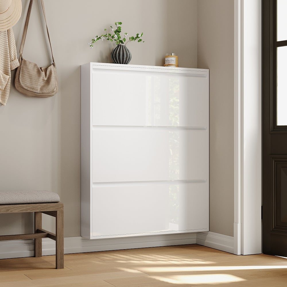 HMR - Narrow Wall Mounted Shoe Storage Cabinet in Medium in White, 25.7"W