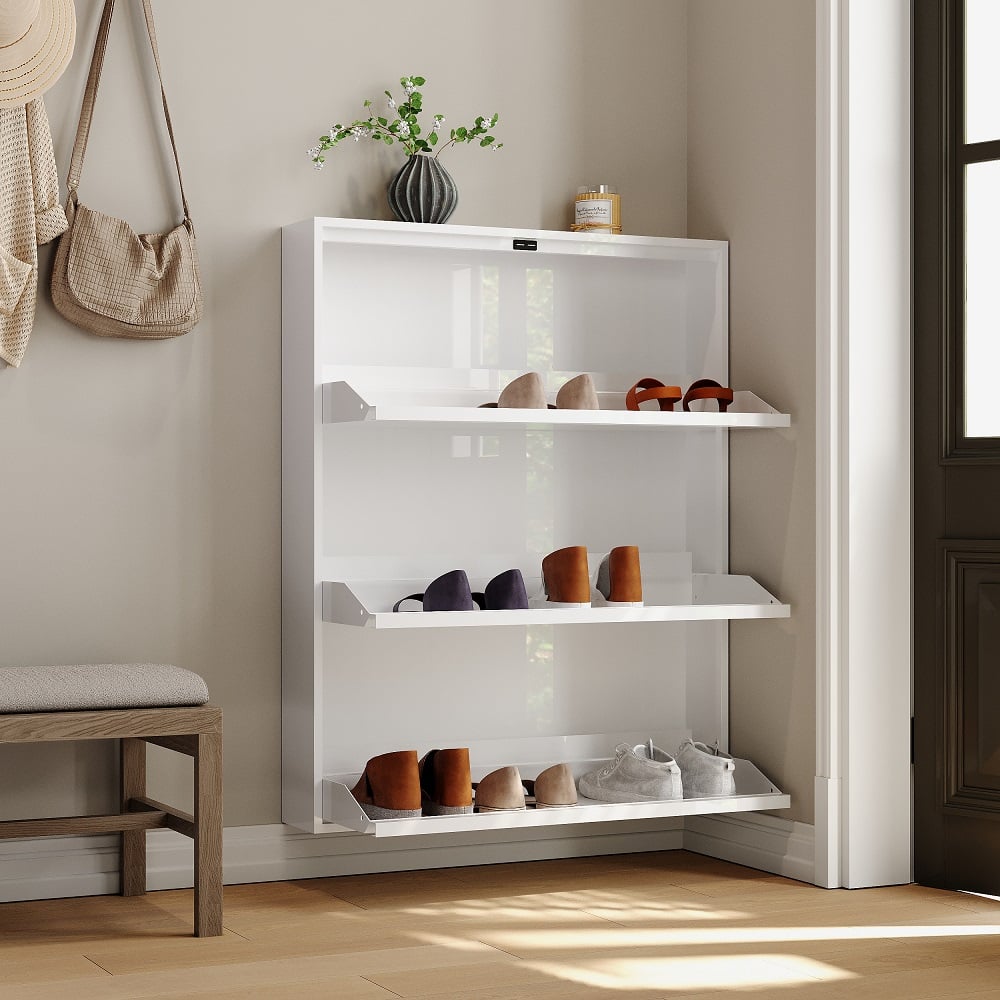 HMR - Narrow Wall Mounted Shoe Storage Cabinet in Medium in White, 25.7"W