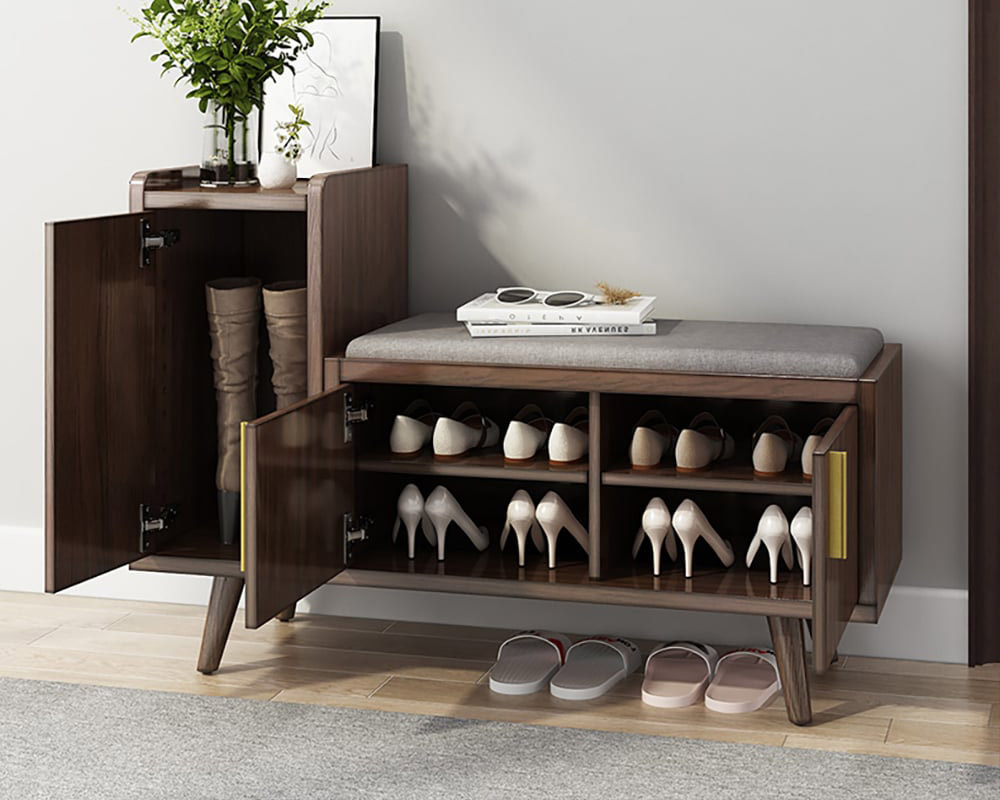 HMR 47" Shoe Storage Bench with 3 Doors & 5 Shelves - Black/Walnut, Left Hand