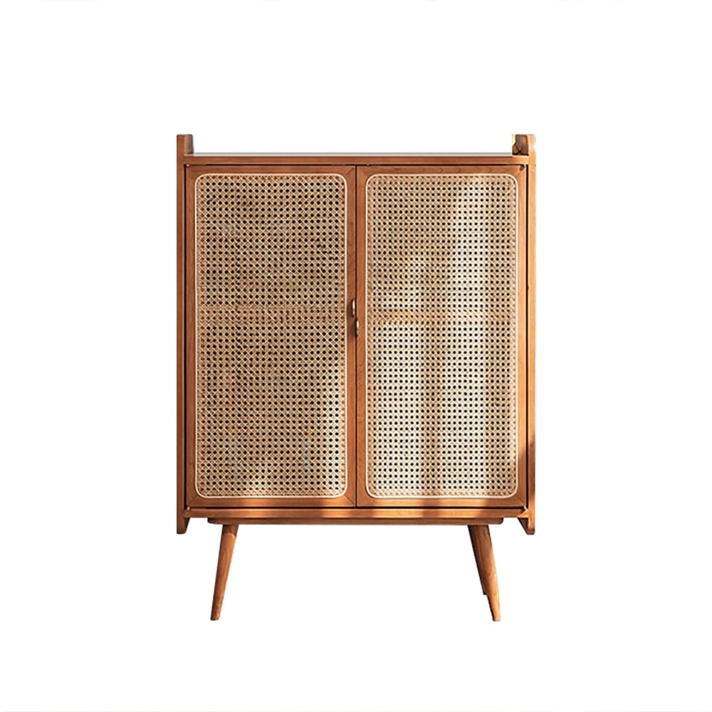 HMR - Farmhouse Rattan 2-Door 4-Shelf Shoe Organizer 31.5" in Walnut