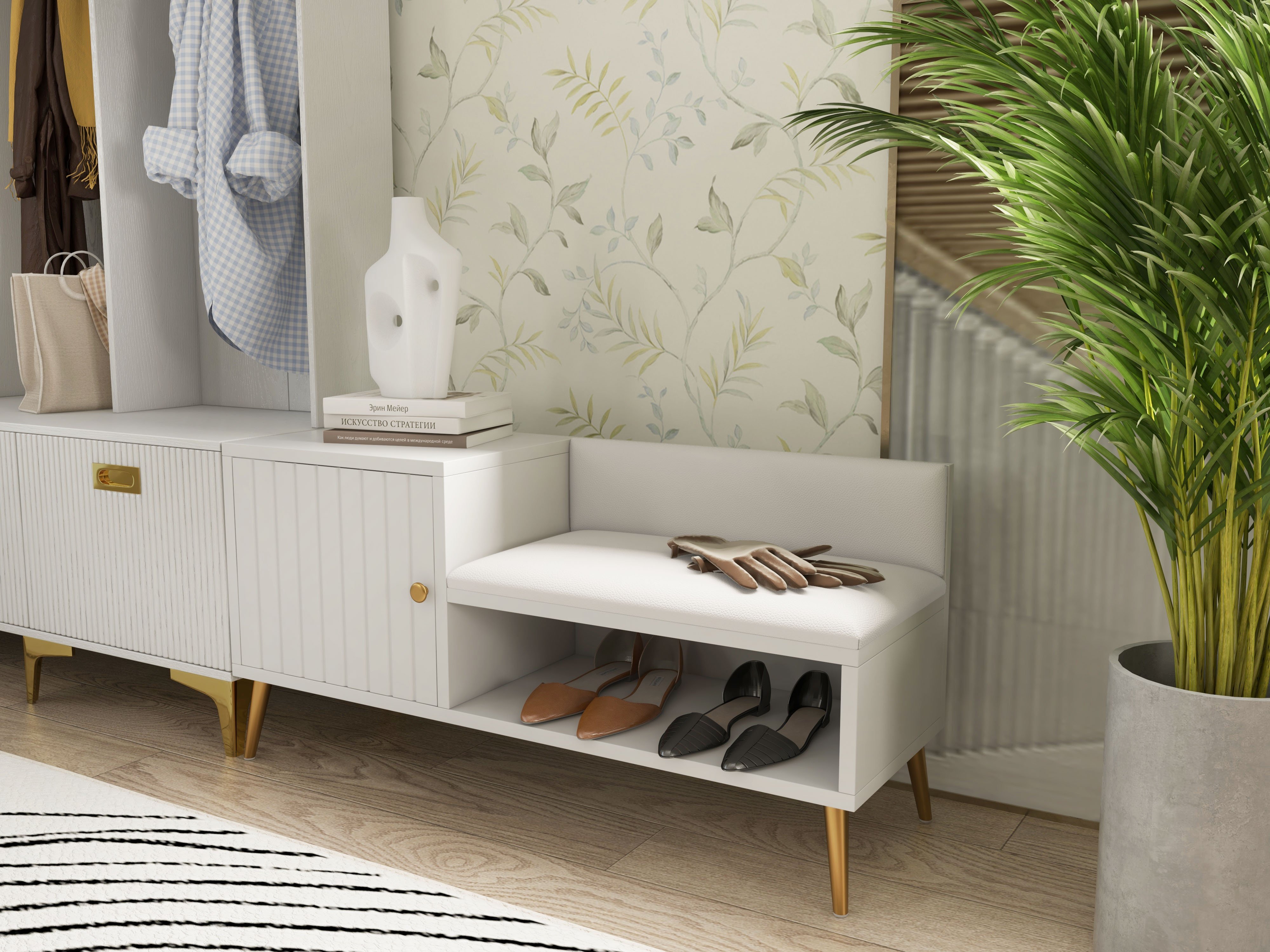 HMR Yellar Series Modern 39" Shoe Rack Bench - White