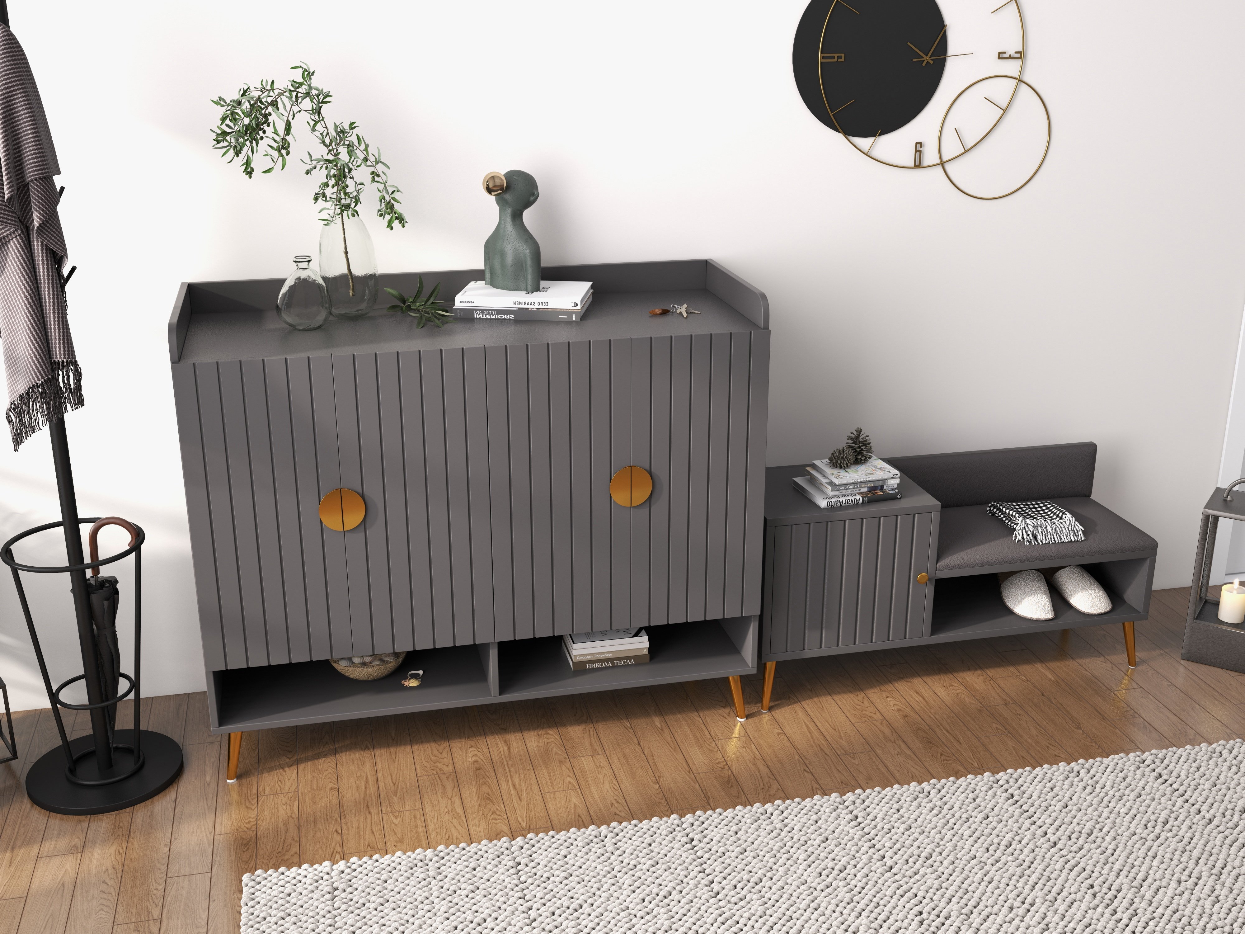 HMR Yellar Series Modern 39" Shoe Rack Bench - Gray