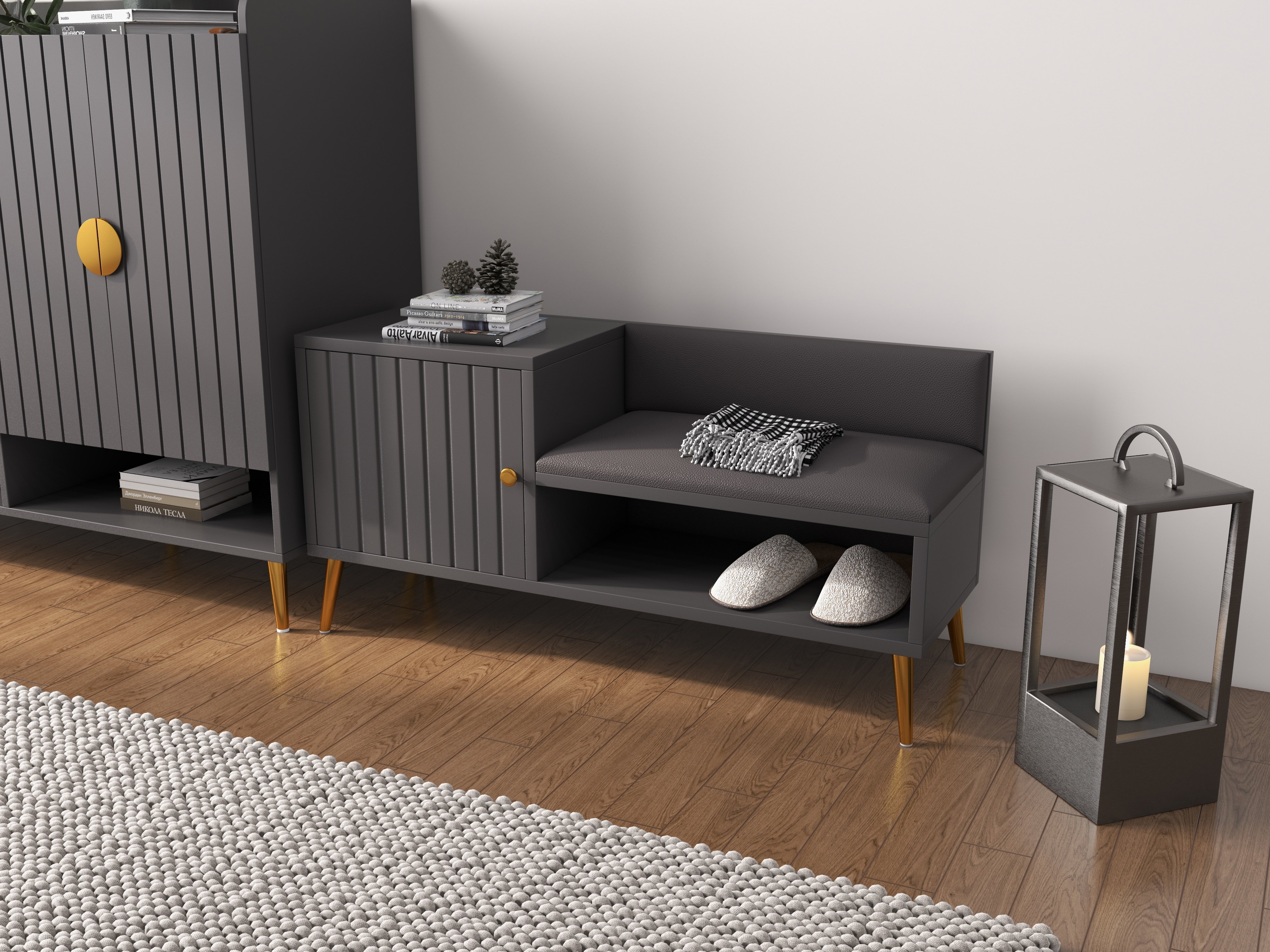 HMR Yellar Series Modern 39" Shoe Rack Bench - Gray
