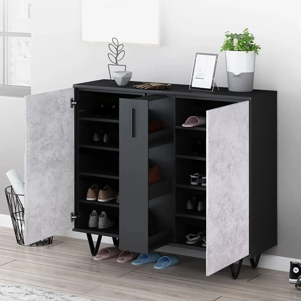 HMR - Modern Shoe Organizer with Doors and Drawer in Large in 47.2"W