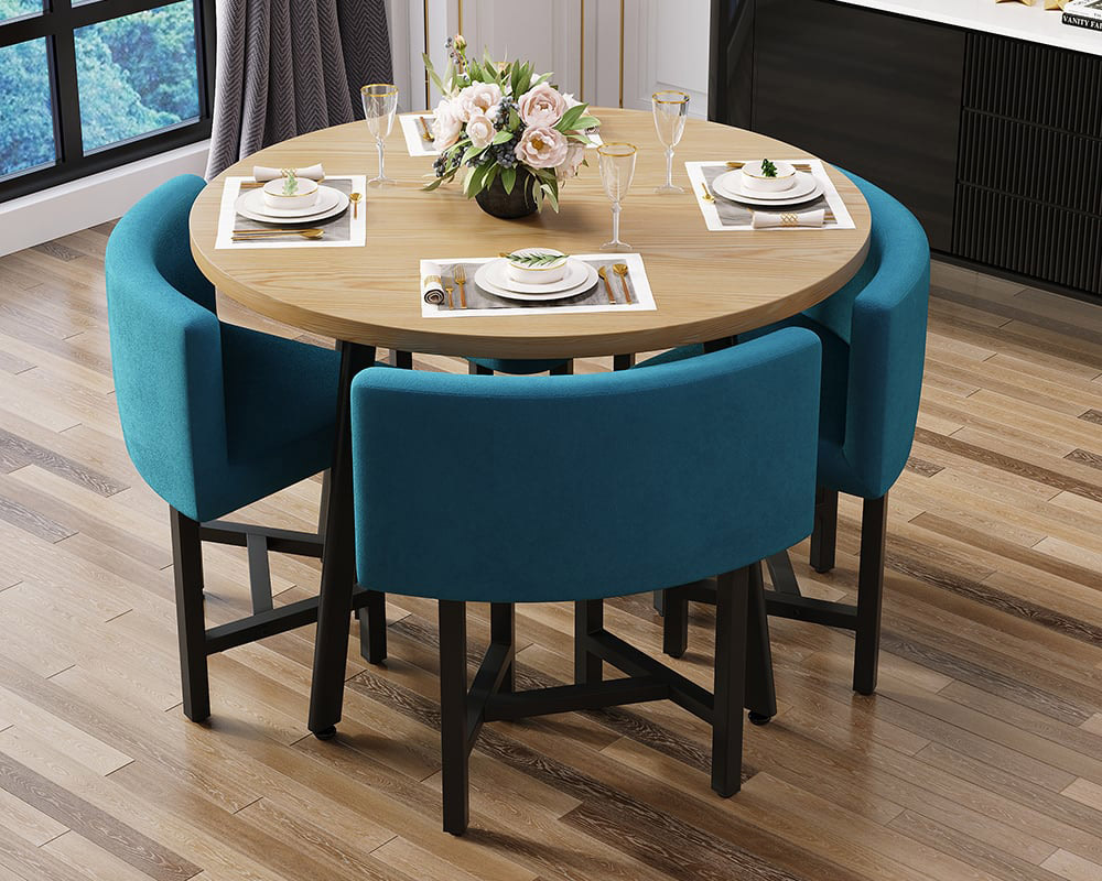 HMR Dining Set 39.4" Modern Round Wood Dining Table with 4 Chairs - Blue/Natural