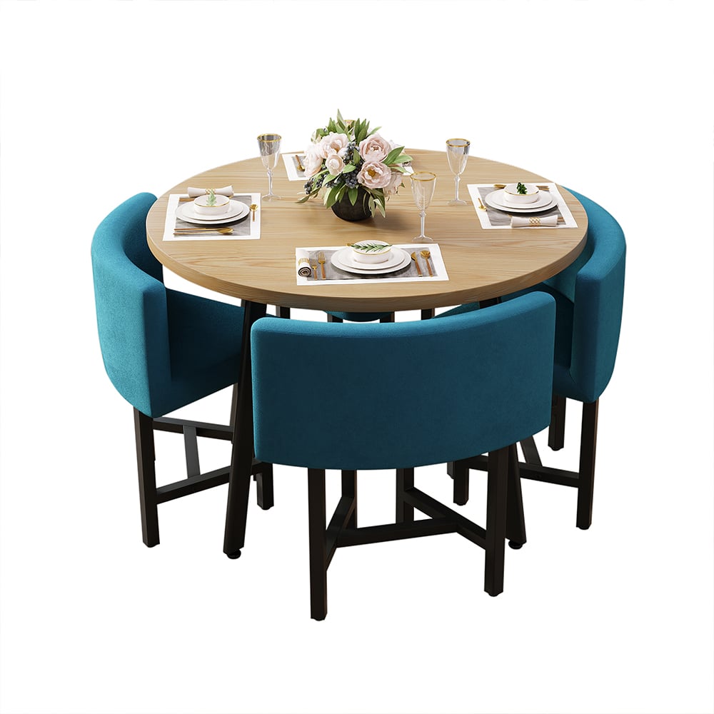 HMR Dining Set 39.4" Modern Round Wood Dining Table with 4 Chairs - Blue/Natural