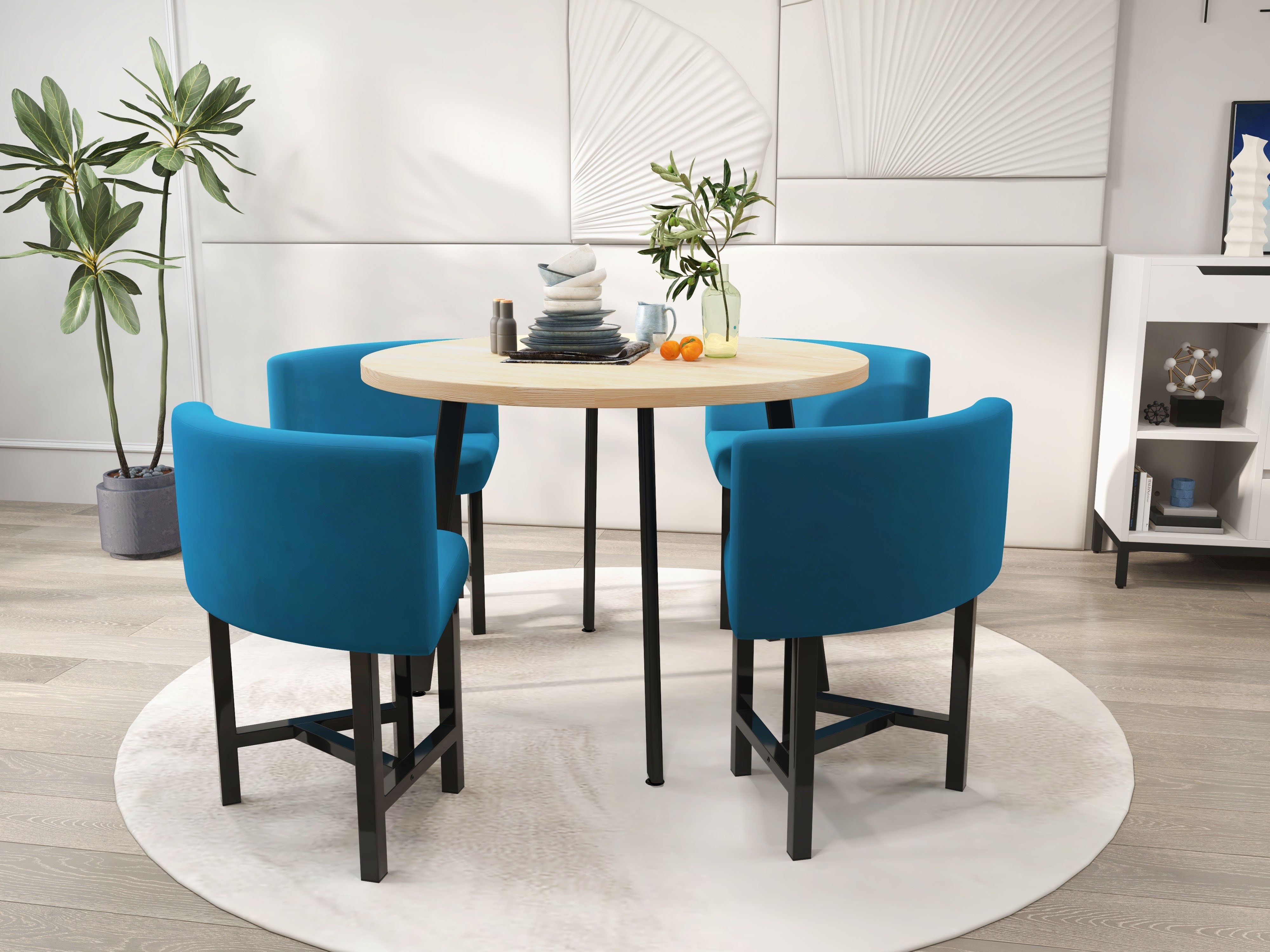 HMR Dining Set 39.4" Modern Round Wood Dining Table with 4 Chairs - Blue/Natural