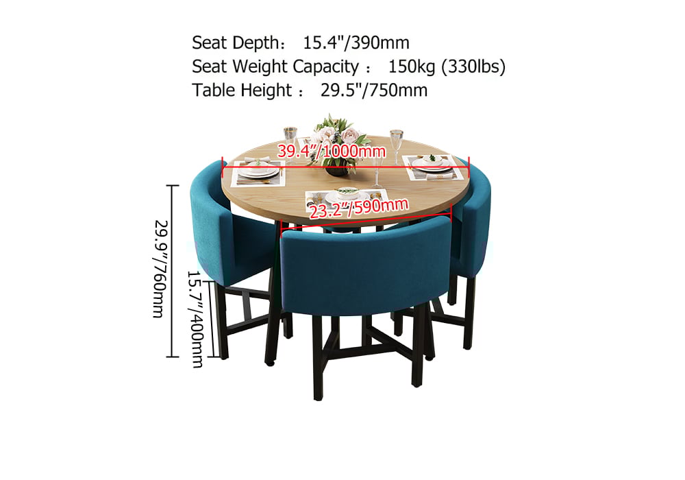 HMR Dining Set 39.4" Modern Round Wood Dining Table with 4 Chairs - Blue/Natural