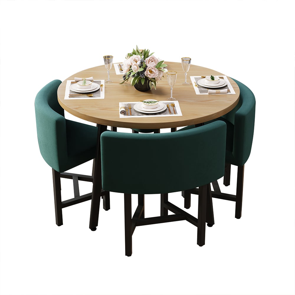 HMR Dining Set 39.4" Modern Round Wood Dining Table with 4 Chairs - Green/Natural
