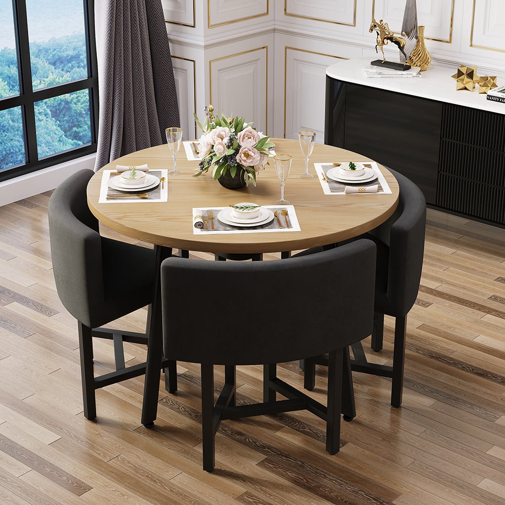 HMR Dining Set 39.4" Modern Round Wood Dining Table with 4 Chairs - Gray/Natural