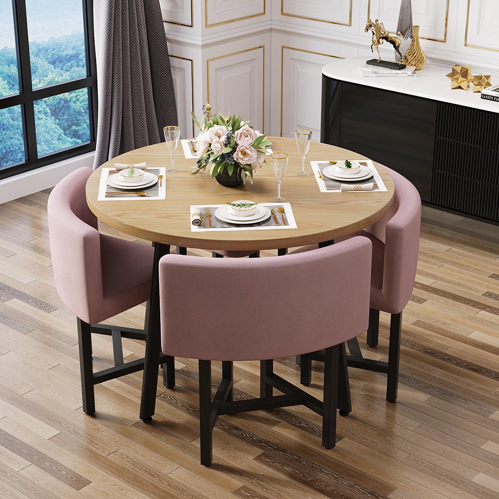 HMR Dining Set 39.4" Modern Round Wood Dining Table with 4 Chairs - Pink/Natural